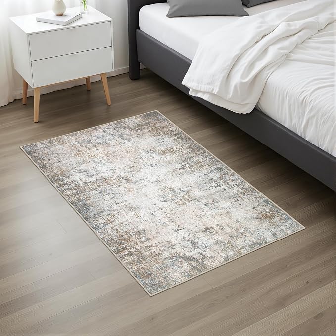 2x3 Washable Entryway Rug: Modern Abstract Indoor Soft Carpet Brown | - Image 3