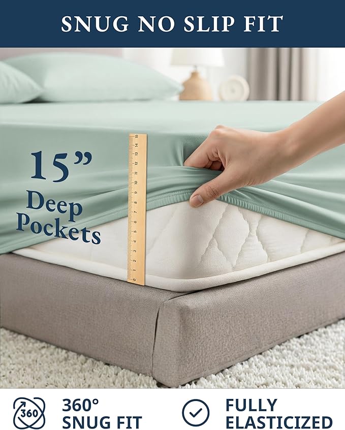LANE LINEN 100% Organic Cotton Queen Sheets, Fully Elasticized Soft & Comfy Classic Percale Weave, Low Pill Fade Resistant Machine Washable Sheet & Pillowcase Sets, 15" Deep Pocket- Cool Blue