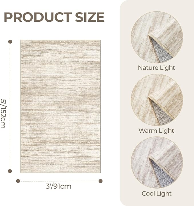 3x5 Rug for Entryway, Washable Area Rug, Living Room, Dining Room, Neutral Rug - Image 2