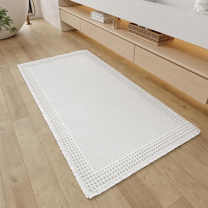 RESARE Waffle Bathroom Runner Rugs, Non Slip Boho Bath Mat 24"x48" White | Long by Resare