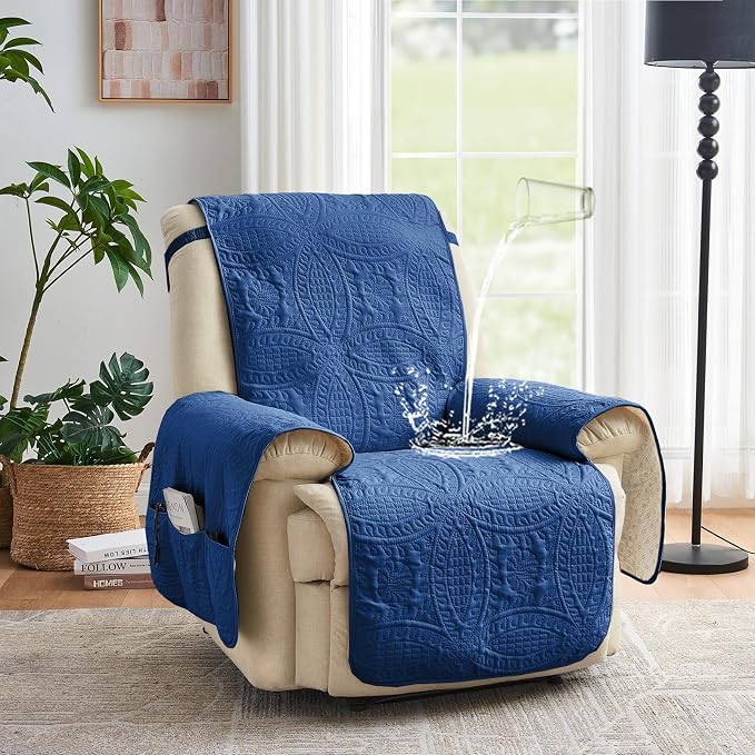 Large Blue Recliner Chair Covers, Quilted Décor Water-Repellent Lazy Boy Chair - Image 2