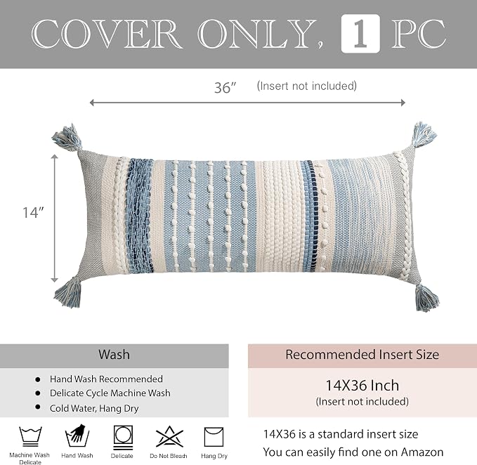 Coastal Blue Decorative Lumbar Pillow Cover 14x36 Boho Long Body Pillow - Image 5