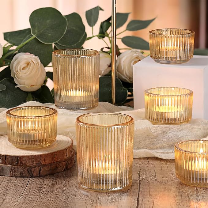20pcs Ribbed Gold Votive Candle Holders, Assorted Tea Light Candle Holder Glass for Wedding Table Decor, Gold Candle Holders for Table Centerpieces, Diwali, Brithday, Party and Holiday Decor