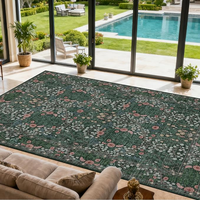 Vintage Green Living Room Rug, 9x12 Washable Area Rugs - Image 2