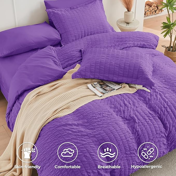 HYMOKEGE Dark Purple California King Comforter Set Seersucker 7 Pieces, All Season Luxury Bed in a Bag for Bedroom, Bedding Set with Comforter, Sheets, Pillowcases & Shams