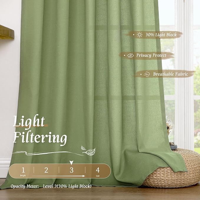 Sage Green Linen Curtains for Small Windows 45 Inch Length 2 Panels | Soft - Image 4