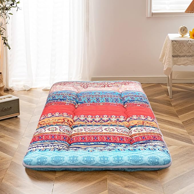 MAXYOYO Cot Mattress Bohemian Floor Bed, Japanese Floor Mattress Narrow Twin Futon Single Bed for Adults, Foldable Futon Roll Up Mat for Camping