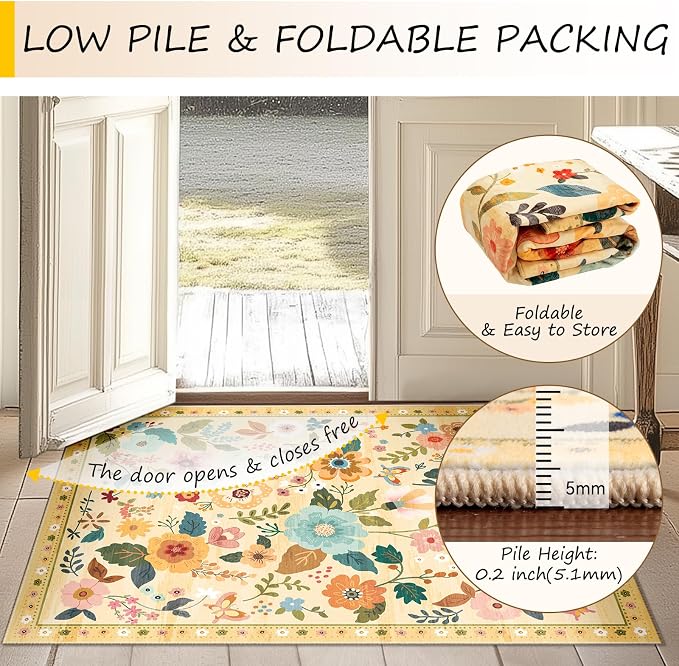 Floral Washable 2x8 Area Rugs Runner Entryway Hallway Ivory/Yellow | Flower - Image 4