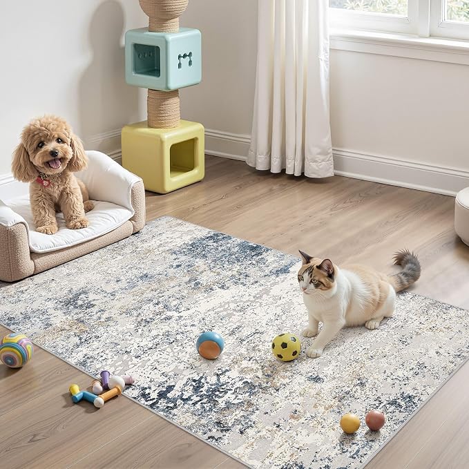 DMOYEST 3x5 Entryway Area Rug Washable Abstract Beige Blue Small Carpet | - Image 7