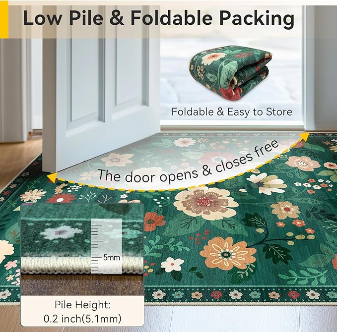 RELEANY Floral Washable 8x10 Area Rugs DarkGreen | Flower Carpet Print Boho - Image 4