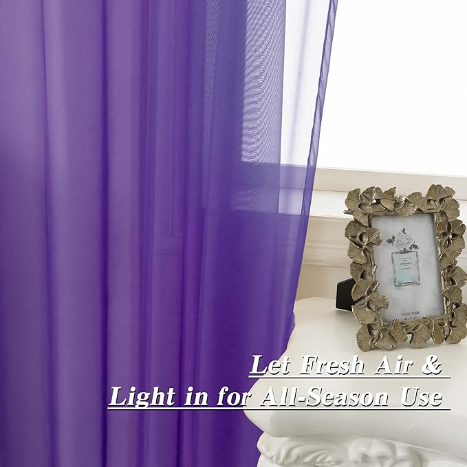 HUTO Short Purple Sheer Curtains 45 Inch Length for Girls Room Rod Pocket Sheer Window Drapes for Kitchen Bedroom Bathroom,Purple 2 Panels