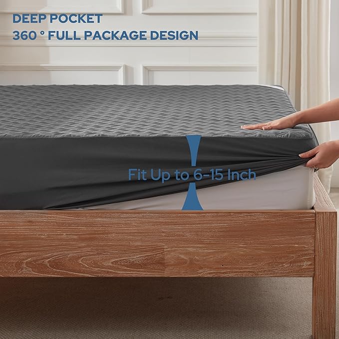 BEDLORE Waterproof Mattress Protector, Noiseless Twin Size Mattress Pad with Deep Pocket Fitted Up to 6"-15", Soft Breathable Dirt-Proof Single Bed Mattress Cover for Bedroom (Gray)