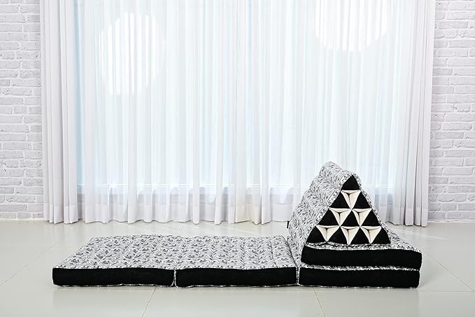 Leewadee Comfortable Japanese Floor Mattress - Thai Floor Bed with Triangle Cushion - Futon Mattress - XL Extra Long Thai Massage Mat, 89 x 20 inches, Black White, Kapok Filling