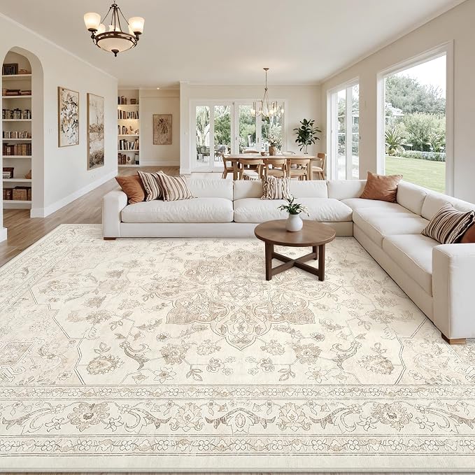 Area Rugs 9x12 Living Room: Bedroom Washable Carpet Beige White | Vintage Boho - Image 8