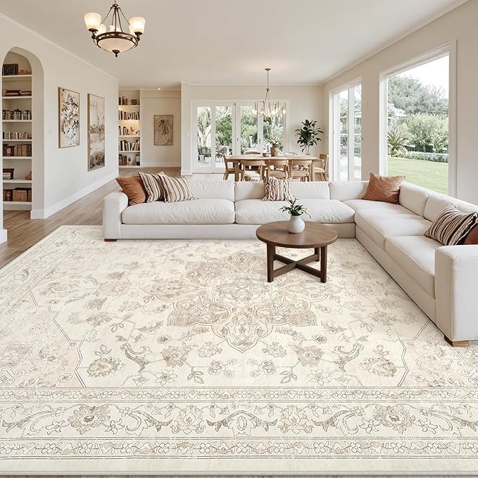 10x12 Area Rugs Living Room: Bedroom Washable Carpet Beige White | Vintage Boho by Luxturiy