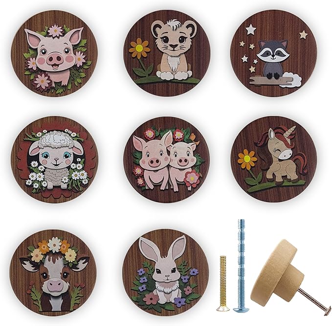 JamJam Set of 8 1.8" Wooden Unique Cabinet Knobs Pig Tiger with Flower Safari Animal Nursery Dresser Drawer Furniture Handle Knobs and Pulls