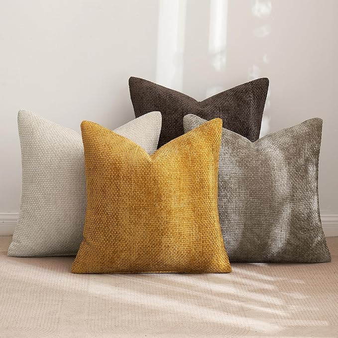 MIULEE Decorative Chenille Fall Pillow Covers Gold Brown 16x16 Pack of 4 | - Image 3