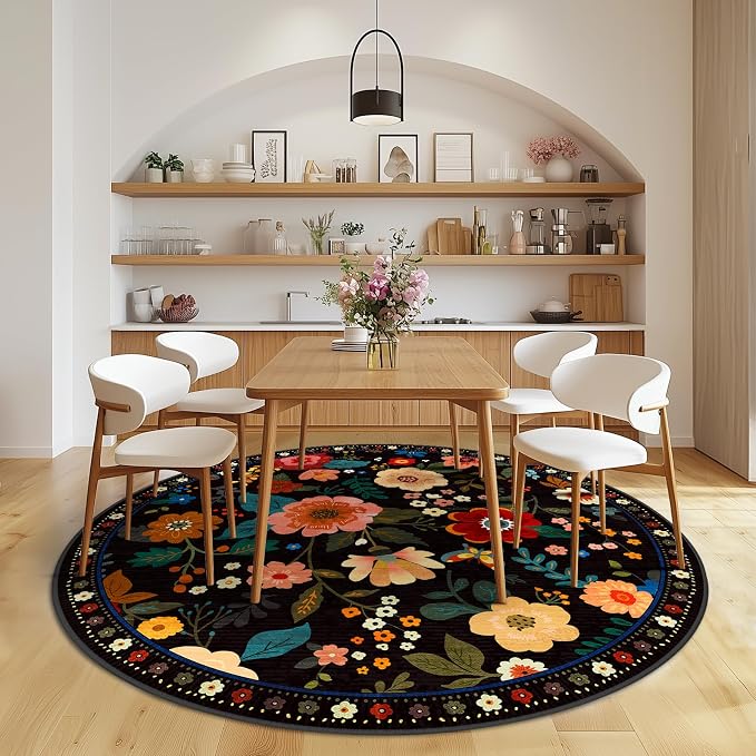 RELEANY Floral Washable Round 8ft Area Rug Black | Flower Carpet Print Boho - Image 8