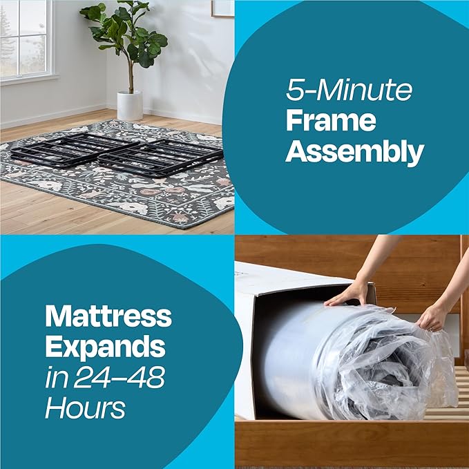 Linenspa 10” Memory Foam and Innerspring Hybrid Mattress + 14” Black Metal Platform Bedframe – Full Mattress + Metal Folding Full Bedframe