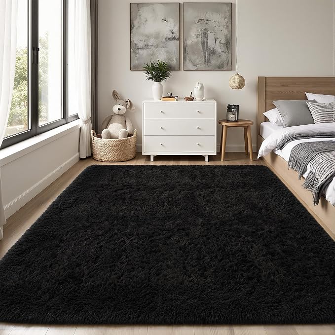 PLHXFR 5x7 Area Rugs Living Room: Fluffy Bedroom Rug Shag Carpet Black | - Image 2
