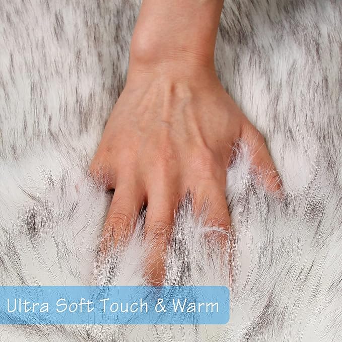 duduta White Black Faux Sheepskin Fur Rug 3x5 ft, Fluffy Carpet Rug | Shag - Image 2