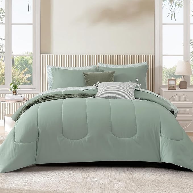 Monbix Full Comforter Set - 7 Pieces Sage Green Bed in a Bag Full Size Track Stitching Bedding Sets, All Seasons Down Alternative Comforter with Sheets,Pillowcases & Shams