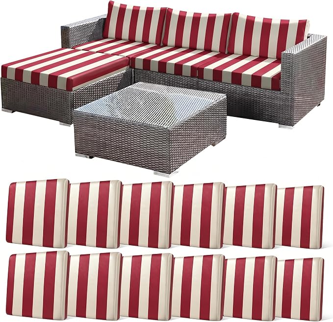 CALBODE 12 Pcs Stretch Outdoor Seat Cushion Covers, Washable Striped Chair Seat by CALBODE