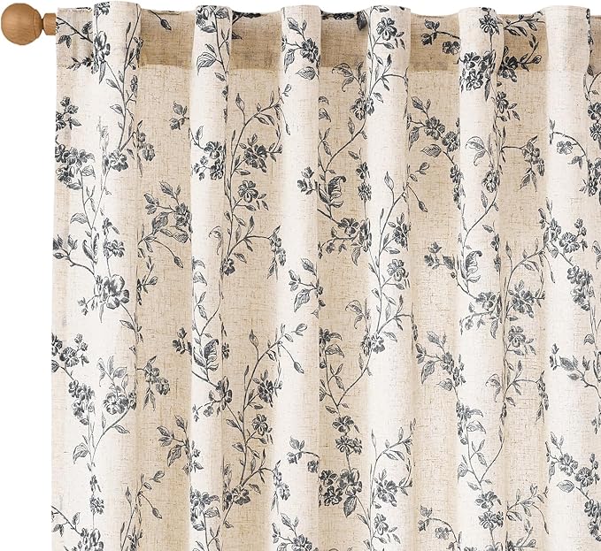 Black Vintage Floral Linen Curtains Farmhouse 50W X 63L 2 Panels | Elisa Series by Lazzzy