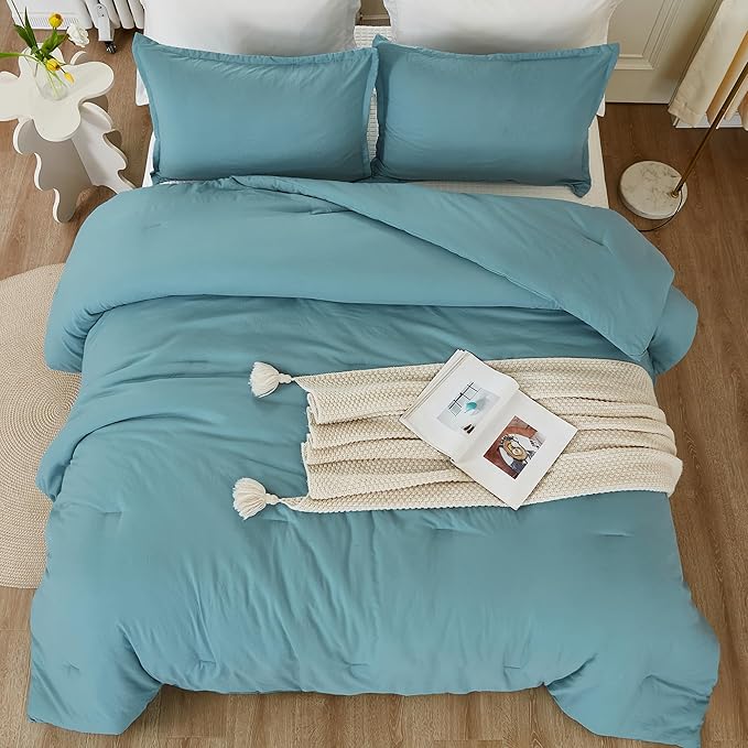 Litanika Oversized King Comforters Grayish Teal Super King Size, 3 Pieces Lightweight Solid Bedding Comforter Set, All Season Fluffy Bed Set (120x120In Comforter & 2 Pillowcases)