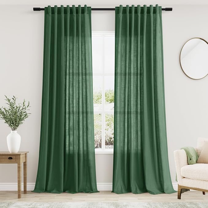 Green Boho Curtains for Bedroom Back Tab Rod Pocket Semi Sheer Linen Curtains by Nanspring