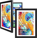 KINLINK A4 Kids Art Frames Set of 2, Solid Wood Kids Artwork Frames Changeable with Acrylic Front Opening Holds 150 Pictures 8.3x11.7, Art Frame for Kids Artwork with Mat or without Mat, Black