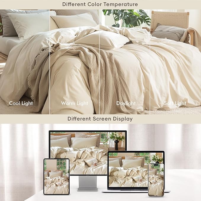 MooMee Bedding Duvet Cover Set 100% Washed Cotton Linen Like Textured Breathable Durable Soft Comfy (Heathered Almond Milk Grey, King 104"x90")