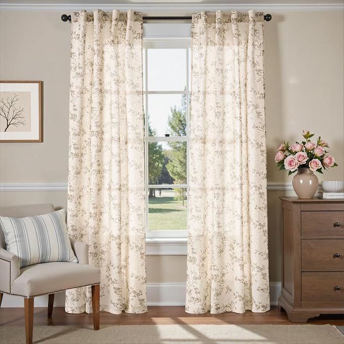 Taupe Vintage Floral Linen Curtains Farmhouse 38W X 84L 2 Panels | Elisa Series - Image 2