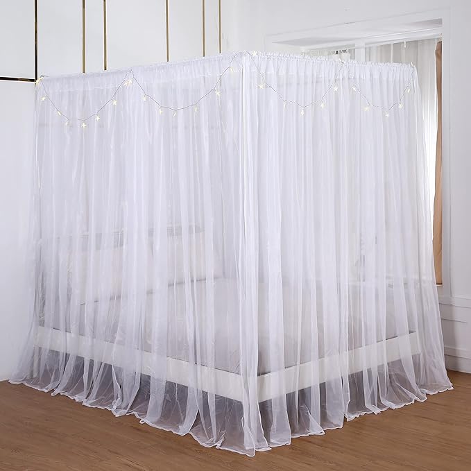 Akiky Princess Canopy Bed Curtains Set with Star Light Sheer Curtain for King Size Bed,8 Panels Canopies (King, White)