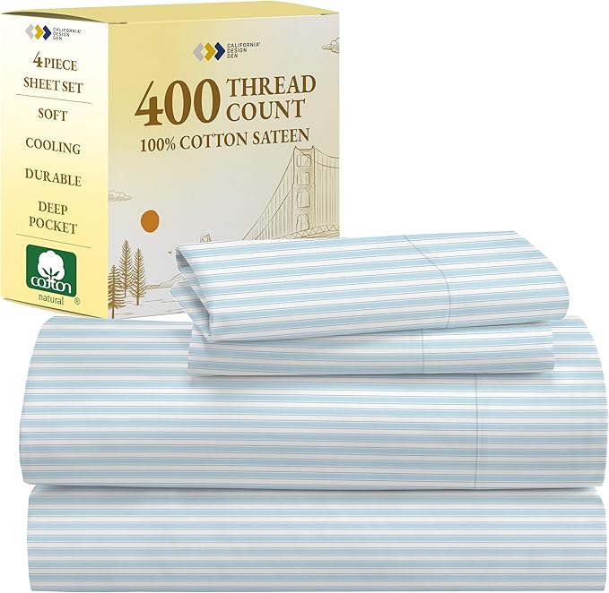 California Design Den Striped King Size Sheets Set - Luxury 400 Thread Count Sateen, Natural 100% Cotton Sheets, Deep Pockets, Cooling and Durable Bedding Set - Cape Stripe