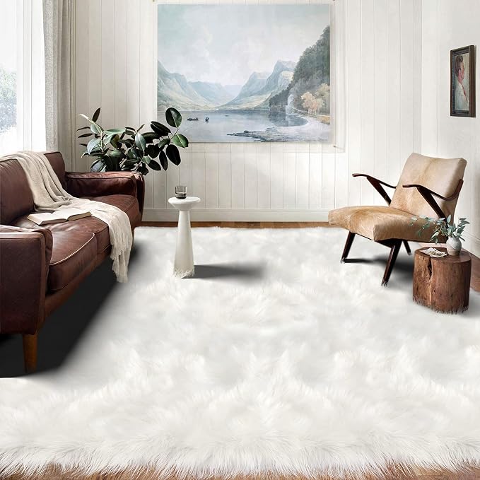 Latepis White Faux Fur 8'10"x11'10" Area Rug, Soft Plush Faux Fur Sheepskin Rugs by Latepis