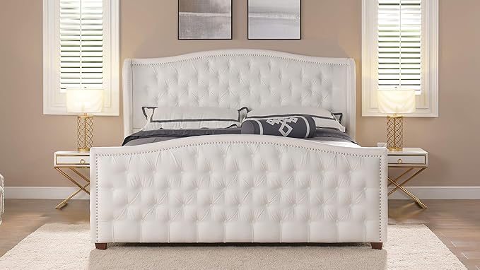 Jennifer Taylor Home Marcella Upholstered Shelter Headboard Bed Set, King, Bright White Polyester