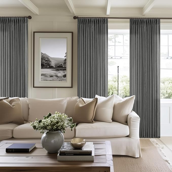Charcoal Grey 84 Inch Pinch Pleated Linen Semi Sheer Curtains 2 Panel Set | - Image 7