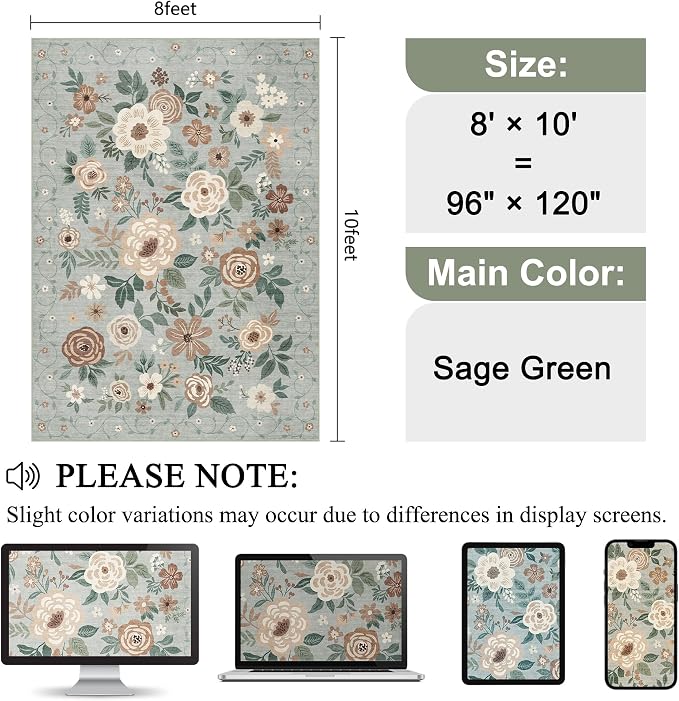 DUKINO 8x10 Area Rugs, Floral Washable Living Room Rug Non Slip, Sage Green | - Image 2