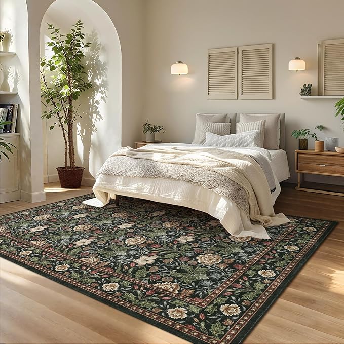 GarveeHome Green Washable Area Rug 5x7, Retro Floral Low Pile Non Slip Living - Image 3