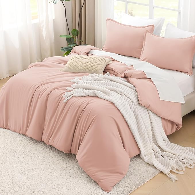 Litanika Pink Queen Size Comforter Set, 3 Pieces Blush Plain Bedding Comforter Set, All Season Bed Set (90x90In Comforter & 2 Pillowcases)