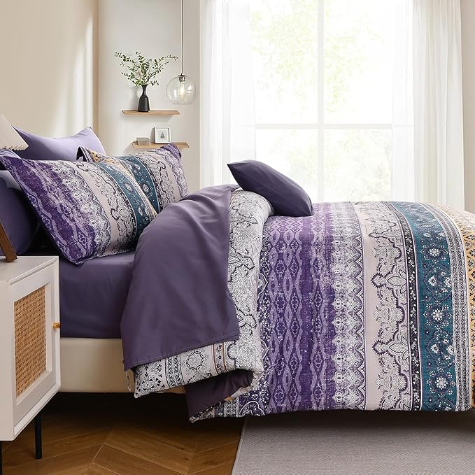 Cottolester Boho Full Comforter Set 8 Pieces,Violet Bohemian Striped Bed in a Bag, Paisley Soft Microfiber Bedding Comforter Set