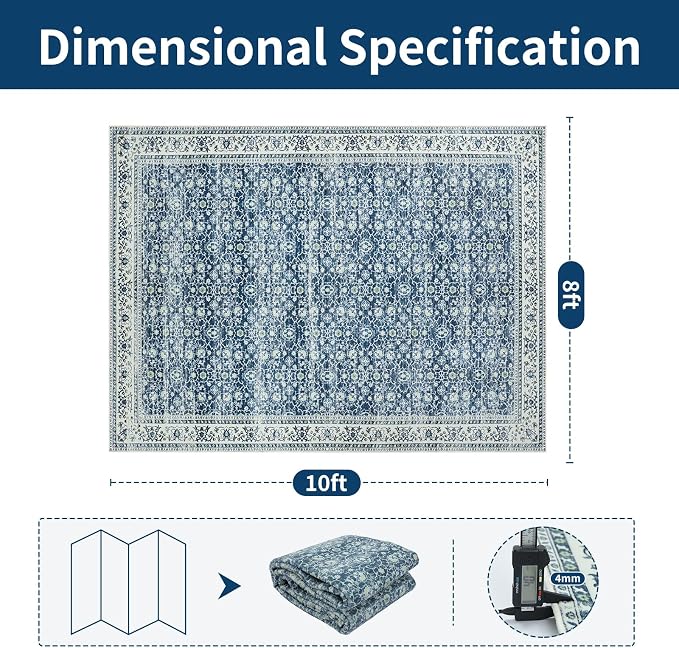 8x10 Boho Washable Area Rugs for Living Room, Dining Room-White Blue | Retro - Image 2