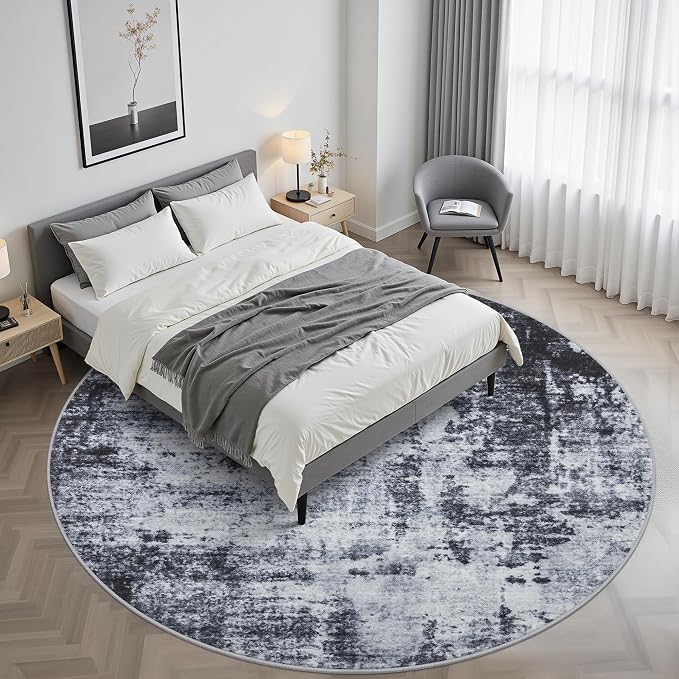 Round Area Rug Living Room: 6 ft Modern Washable Carpet Dark | - Image 2