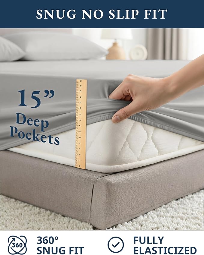 LANE LINEN 100% Organic Cotton California King Sheets Set, Fully Elasticized Reinforsed Seams in Fitted Pocket, Machine Washable Naturally Cooling All Season Cal King Sheet- Silver