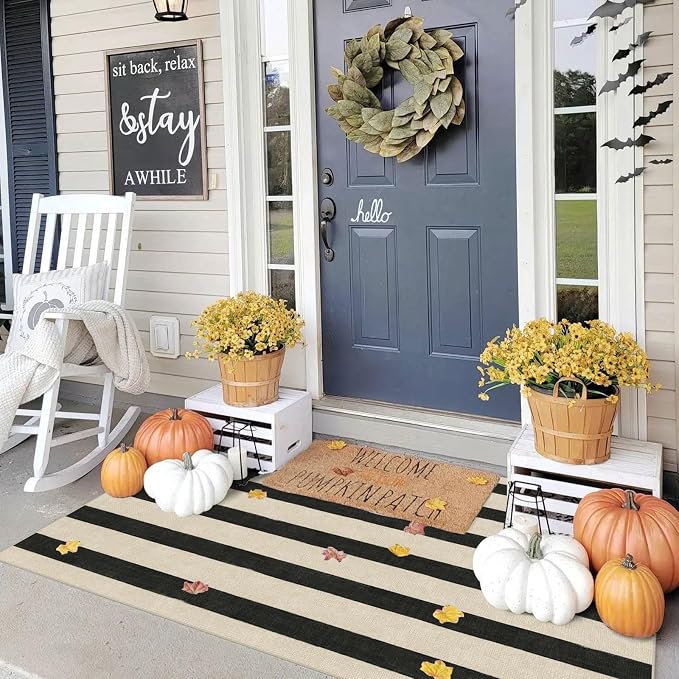 Black and White Striped Entry Rug, 3x5 Non-Slip Indoor Outdoor Rugs | Washable - Image 3