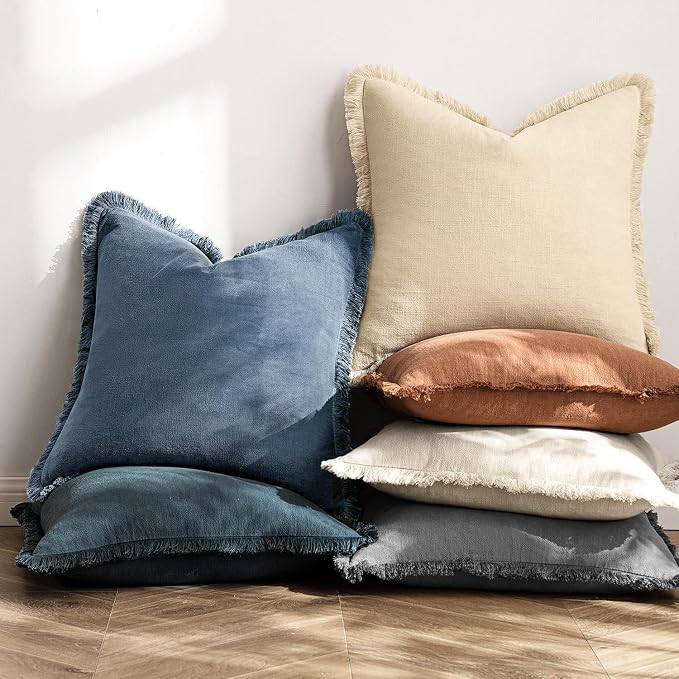 MIULEE Linen Fringe Decorative Lumbar Throw Pillow Covers Blue Ashes 12x20 | - Image 4