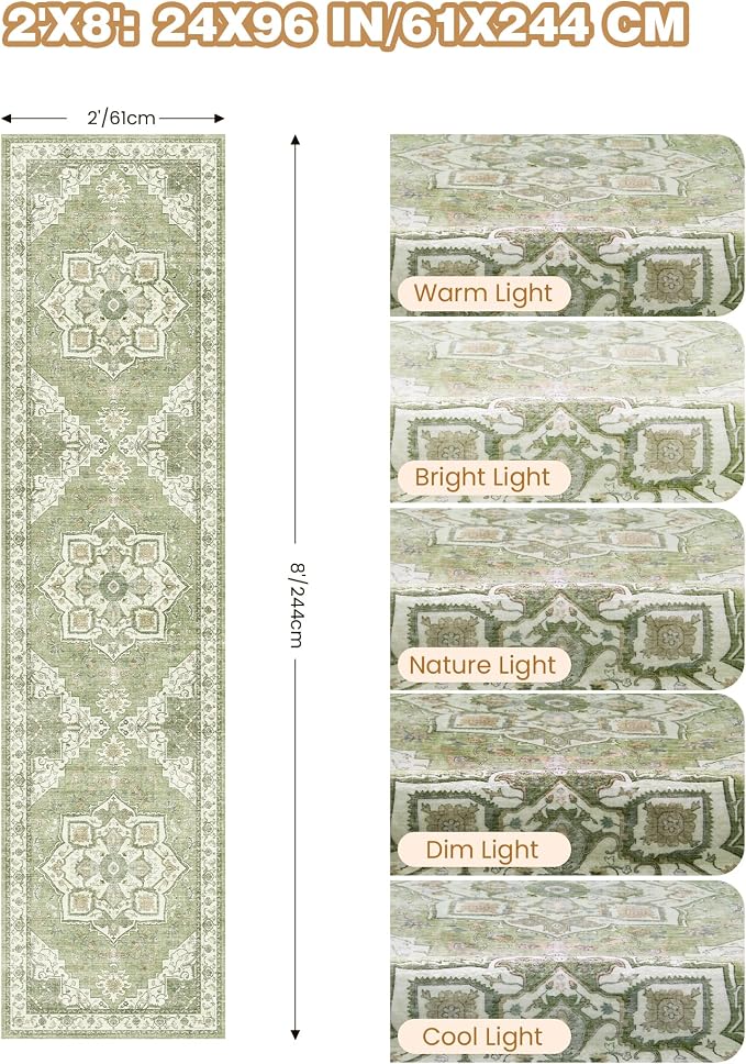 Runner Rug 2x8 Runners for Hallways Washable Rugs, Light Green | Vintage - Image 2