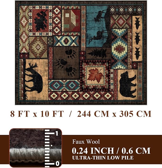 Rustic Cabin Area Rug 8x10, Machine Washable Lodge Bear Rug, Non-Slip Low Pile - Image 2