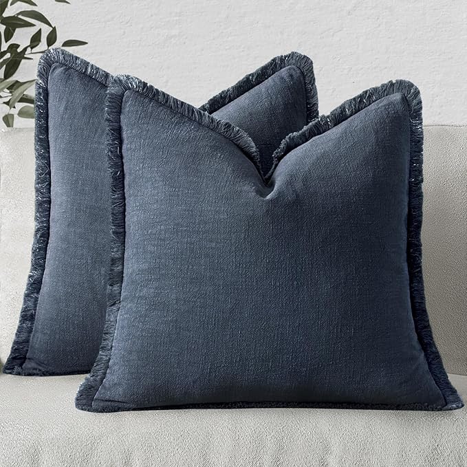 MIULEE Boho Linen Fringe Decorative Throw Pillow Covers Indigo Blue 18x18 | Set by MIULEE